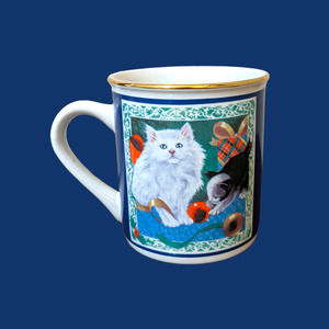 Vintage Christmas Cat Mug by Papel, Cat Playing w/ Ornaments Gold Rim Coffee Cup